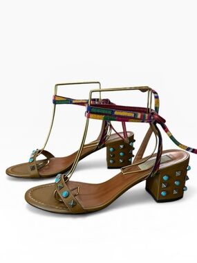 Valentino  Rockstud Rolling Embroidered Ankle Wrap Sandals EU 39.5 US 9.5